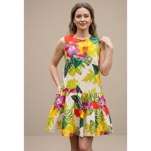 Allegra Masetti Firenze Linen Tropical Floral Tiered Shift Dress‎ Italy Small